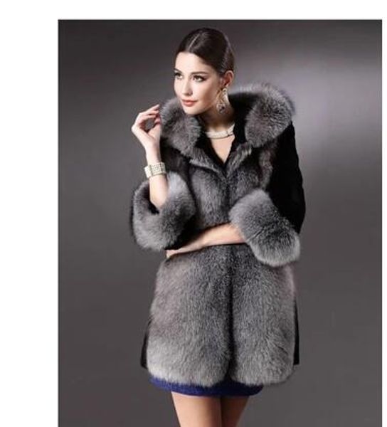 Mulheres Plus Size Faux Fur Casaco Moda Long Jackets Atacado Prata Fox Senhoras Outwear para
