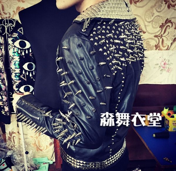 

мужчины бар ночной клуб певец ds мужской певец dj гости мотоцикл кожа ручной заклепки панк костюмы одежда кожаная куртка пальто, Black