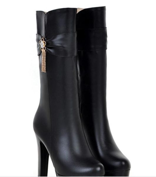 

send korean bowknot waterproof table high heel medium length boots coarse heel winter 2018 new style women boots, Black