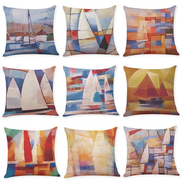 

home bedroom cushion sailboat oil painting throw pillowcase pillow covers cotton linen brand new fashion 45cm*45cm 10jul 16 pillow case