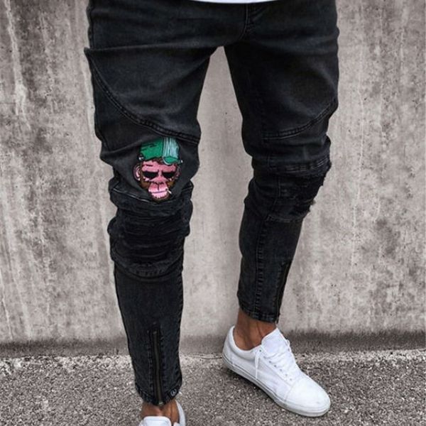 

fashion men casual slim pants 2018 men brand embroidery jeans straight high stretch feet skinny jeans men's black trousers homme, Blue