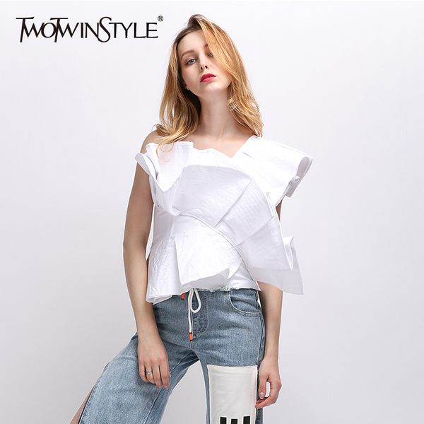 

twotwinstyle strapless ruffles shirt for women striped off shoulder high waist irregular shirts female spring fashion clothing, White