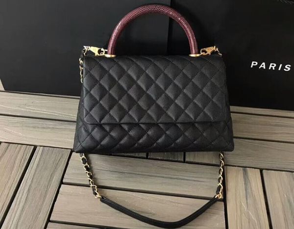 

Dhl 5a a92991 29cm cavier grained calf kin flap handle bag gold tone metal hardware come with du t bag without box