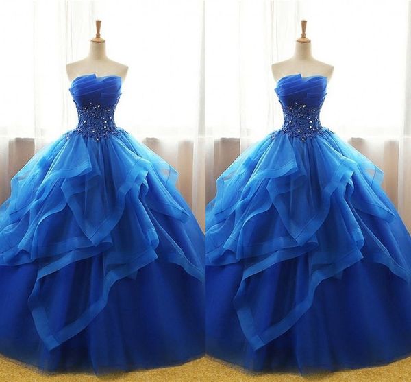 

ruffles pleats quinceanera dresses ball gowns applique beaded sequins strapless lace-up tulle tiered prom dress sweet 16 dress graduation, Blue;red