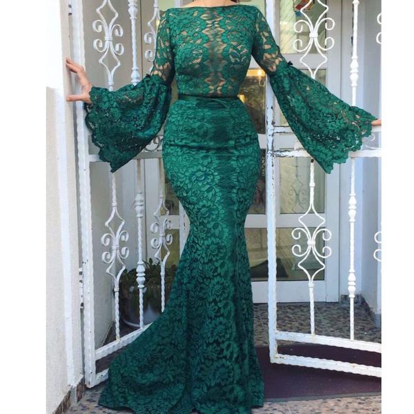 

see through lace prom dress stylish bateau neck long sleeve zipper back party prom dresses mermaid dubai saudi evening dress cheap, Black
