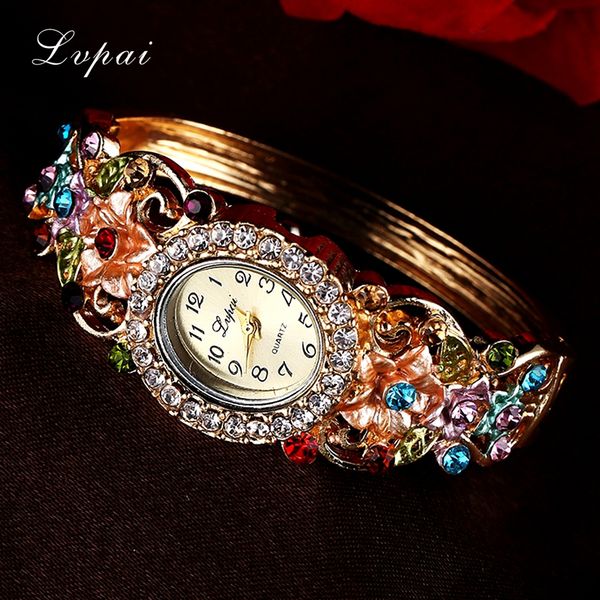 

pai fashion luxury gold bracelet watch women flower gemstone classic alloy wristwatch women dress watches new quartz watch, Slivery;brown