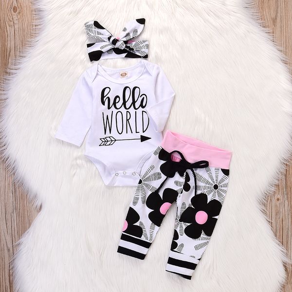 

2018 3pcs autumn cotton newborn fashion baby girl clothes hello world jumpsuit baby girl flower trousers headband set, White