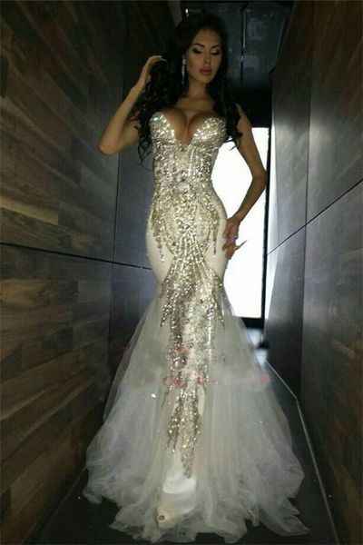 

Sweetheart Mermaid Prom Dresses 2018 Crystal Beads Evening Party Gowns Off the Shoulder Sexy Arabic Dress For Balck Girls