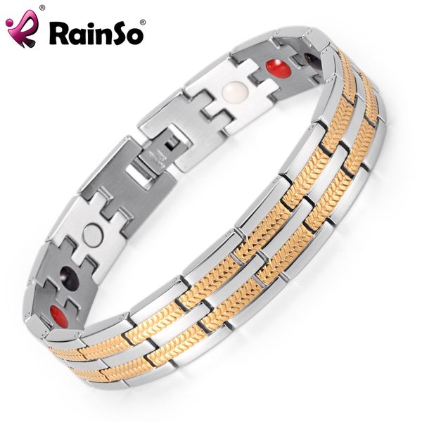 

rainso men jewelry energy healing 4 elements magnetic stainless steel bracelets for men osb-689sgfir with silver gold plating, Black