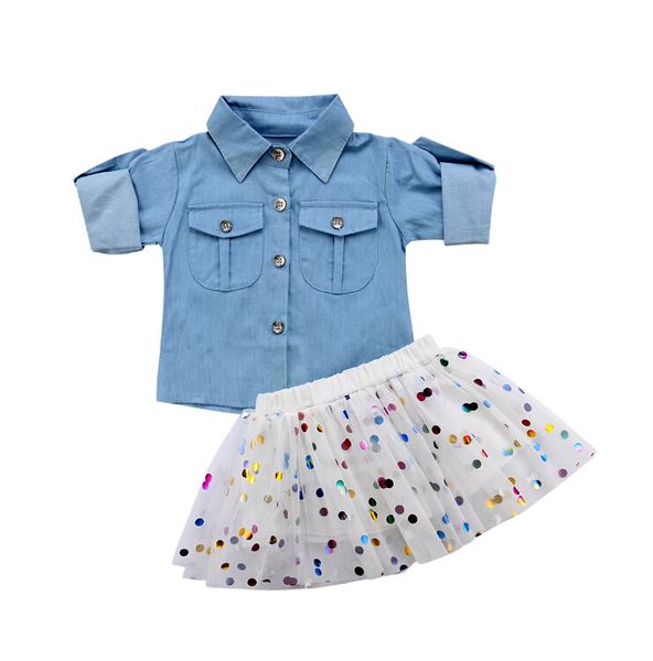 

infant baby girls denim shirt +sequin dots tutu mesh skirts outfits 2pcs clothes set, White