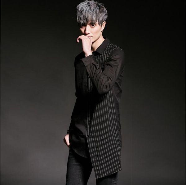 

2018 autumn new men's personality trend long sleeve slim stripe splicing printing banquet shirt plus size stage singer costumes, White;black