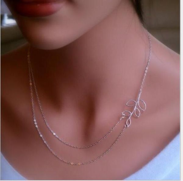 

metal double chain hollowed out leaf necklace, Silver