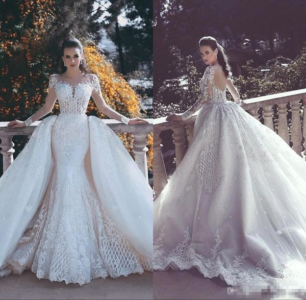 

2018 New Backless Mermaid Lace Wedding Dresses With Detachable Train Long Sleeves Beaded Tulle Overskirt Dubai Arabic Bridal Gowns