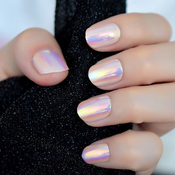 

24pcs unicorn chrome press on fake nails with designs iridescent pink short full false nails acrylic with glue sticker 12 sizes, Red;gold