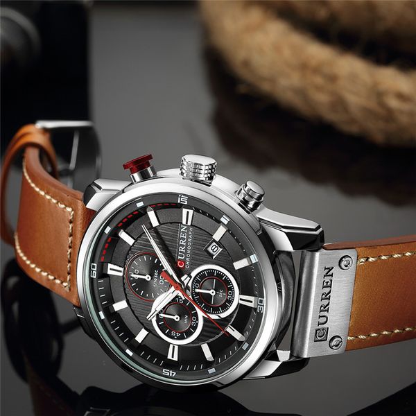 

curren luxury casual men watches sport male wristwatch date quartz clock chronograph horloges mannens saat relojes 8291, Slivery;brown