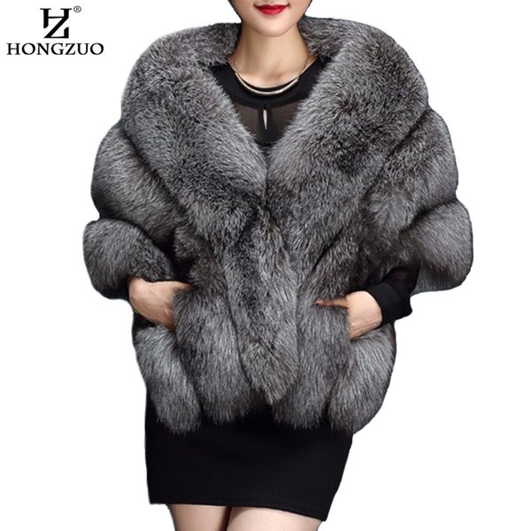 HONGZUO Winter gray  faux fur coat women Warm fashion black synthetic fur cape coat White thick plush furry shawel 2017 pc231