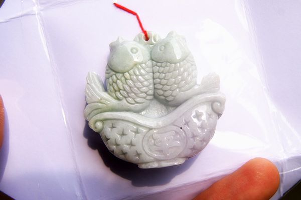 

beautiful (blue field) jade handmade double-sided carving peace - double fish (more than a year). talisman necklace pendant., Silver