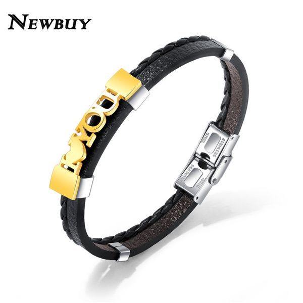 

newbuy trendy stainless steel i love you charm bracelets for women men genuine leather bracelets & bangles male accessories, Golden;silver