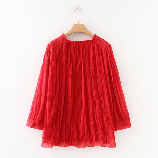 

2018 women red blouse summer 3/4 sleeve shirt creased fabric chiffon polyester shirts drop shipping sml two layer o neck solid, White