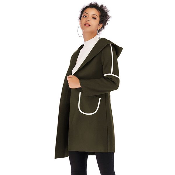 

turn down collar long wool coat hoodie elegant winter woman wool blend coats slim type female pockets coat outerwear, Black