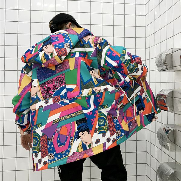 

hip high japanese street wadded ukiyoe style jacket hooded design patchwork yamato-e 2021 jacket japanese art hop coat aikla, Black