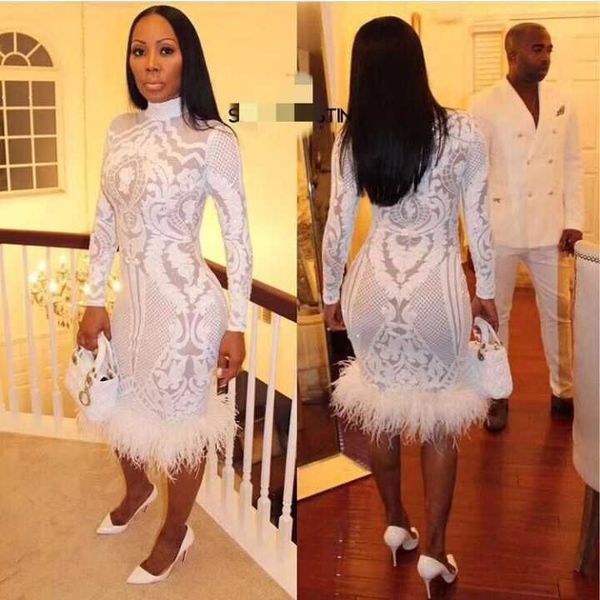 

celebrity fashion dress christmas style long sleeve feathers bodycon dress beading red carpet, White;black