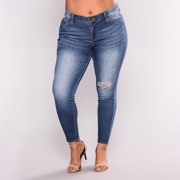 

jrnnorv plus size fat jeans women high waist pencil denim pants women ripped hole washed fashion jeans 6xl big hip, Blue