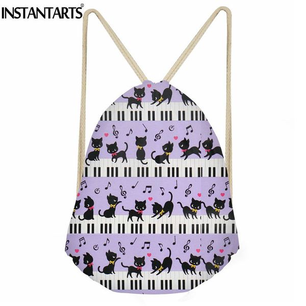 

instantarts cartoon cat with music note printing drawstring bag for women men casual small travel sack backpack girls boys cinch