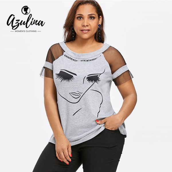 AZULINA Plus Größe 5XL Mesh Panel Mädchen Gesicht T-shirt Sommer O Hals Kurzarm Frauen T Shirt Casual Tops Tees 2018 damen Kleidung