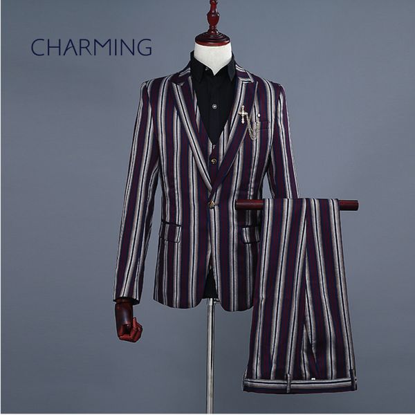 

designer suits set mens fabric pinstripe suit suitable for wedding host singer performance men's 2 piece suits (jacket + pants, Black;gray