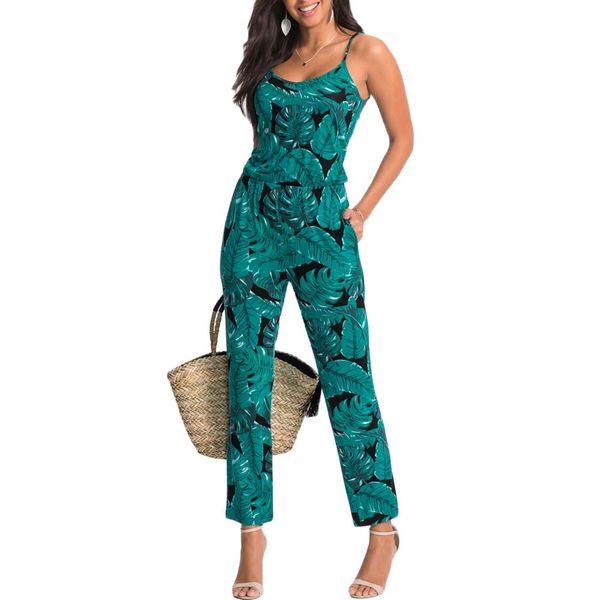 

green leaf printed women summer beach rompers backless jumpsuits tight long pants v-neck bandage vintage playsuits yf975, Black;white