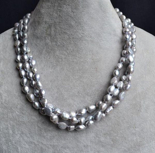 

wholesale natural pearl jewellery,3rows gray color 7-9mm baroque freshwater pearl necklace,new ing, Black