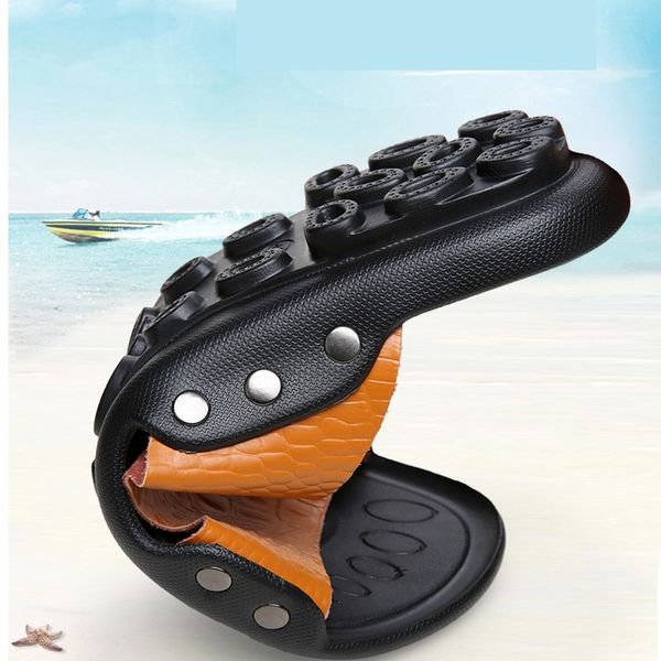 

casual men sandals summer tide mens slippers rivet british man beach sandals genuine leather lazy pedal flip flop size 38-47, Black