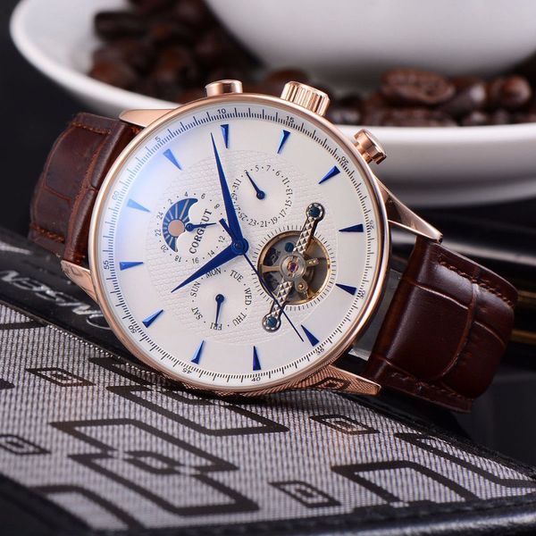 

44mm corgeut moon phase gold case white dial date men's automatic wristwatch, Slivery;brown