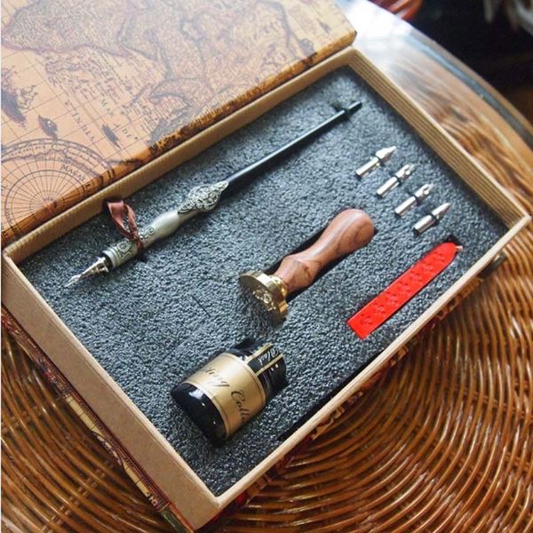 

antique gift dip pen set with 4 nibs 1 ink stamp seal wax wedding handwriting pen, Black;red