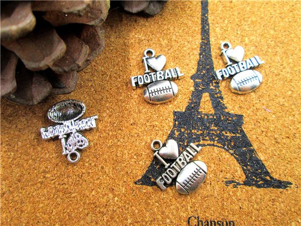 

60pcs--i love football charms , antique tibetan silver tone love football charm pendants 20x18mm, Bronze;silver