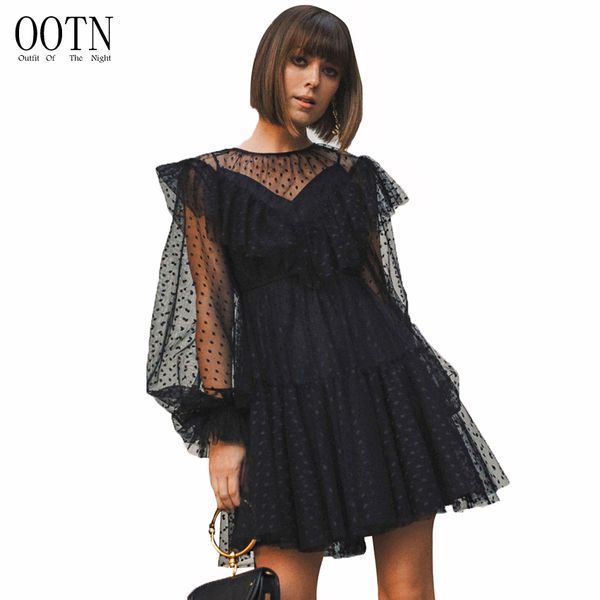 

ootn polka dot tull short dress women long sleeve black mesh sheer dresses female see though flare dresses ruffled sarafans, Black;gray