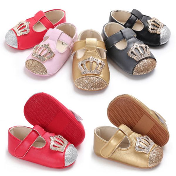 

0-18m newborn baby girl soft sole pu leather crib shoes sequined crown anti-slip sneaker prewalker red gold gray pink black