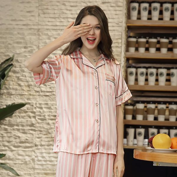 

spring striped pajamas women short-sleeved long two-piece home service, Black;red