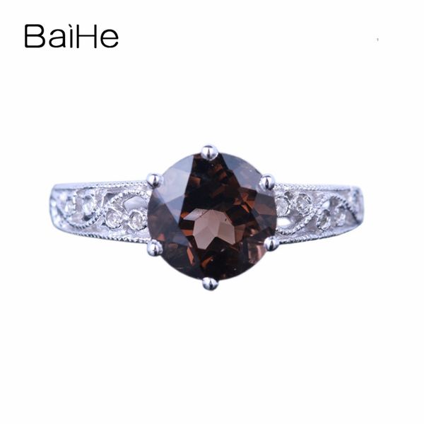 

baihe sterling silver 925 2.12ct certified flawless round 100% genuine smokey quartz wedding women trendy fine jewelry gift ring, Golden;silver
