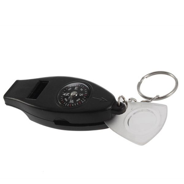

black 4 in1 thermometer whistle compass magnifier with keychain mini portable sos whistle outdoor safety & survival tool