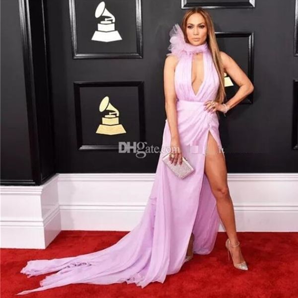 

2021 a line celebrity prom dresses sleeveless prom dress deep v-neck slit evening dress grammy awards, Black