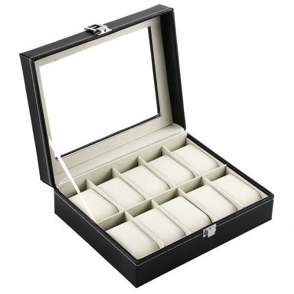 

rectangle 10 grids pu leather watch box jewelry storage organizer watches display holder casket luxury gifts, Black;blue