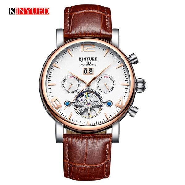 

kinyued automatic watches men stainless steel business wristwatch leather fashion 30m waterproof male clock relogio masculino, Slivery;brown
