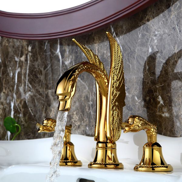 

ti-gold 3 holes 8" widespread swan sink faucet basin tap swan handles new deck mounted
