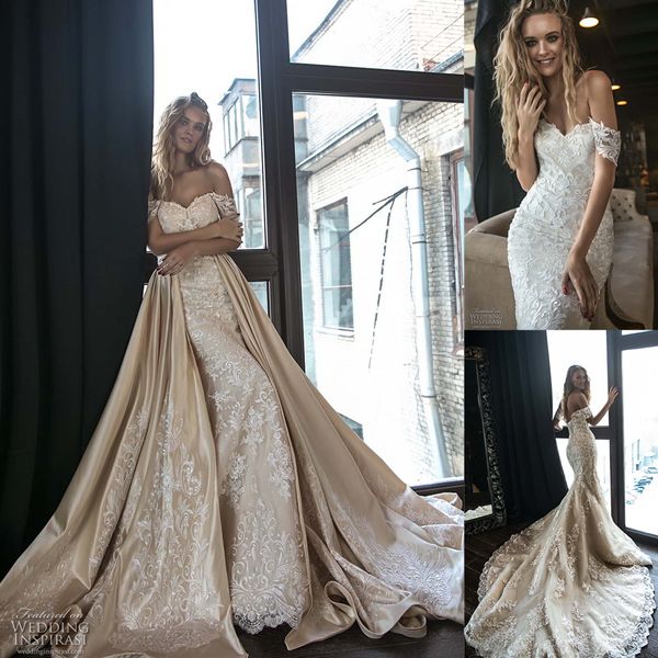 

2018 русалка свадебные платья overskirts съемный поезд с плеча сильно аппликация лиф свадебные платья на заказ, White