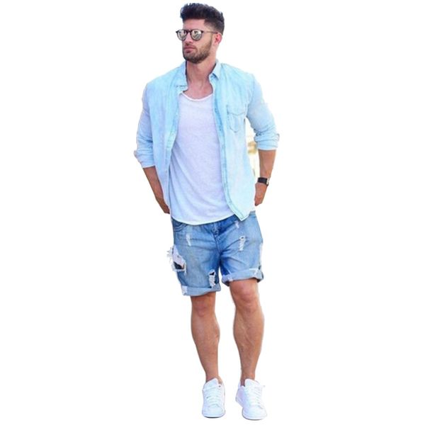 

summer chic men's jeans, cool men's jeans, dark blue/light blue shorts, White;black