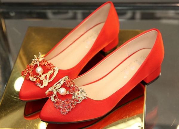 

wedding shoes female red with crude 2017 new autumn water drill square buckle satin single shoes bride's shoes, Black