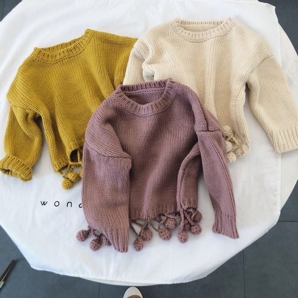 

2018 autumn winter new baby girl sweater solid tassel hair ball sweaters 1 2 3 4 5 y toddler kids knitted pullover girl clothes, Blue