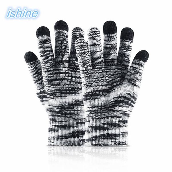 

winter warm knitted mittens gloves women men outdoor faux wool wrist glove stretchy full finger velvet mittens, Blue;gray